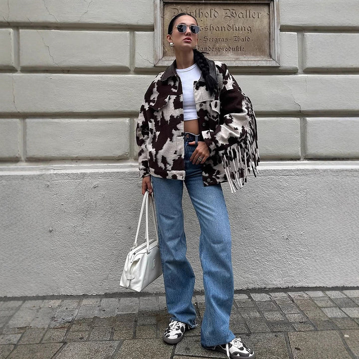 Dame Oversized Frynsejakke med Kødmønster Stilla
