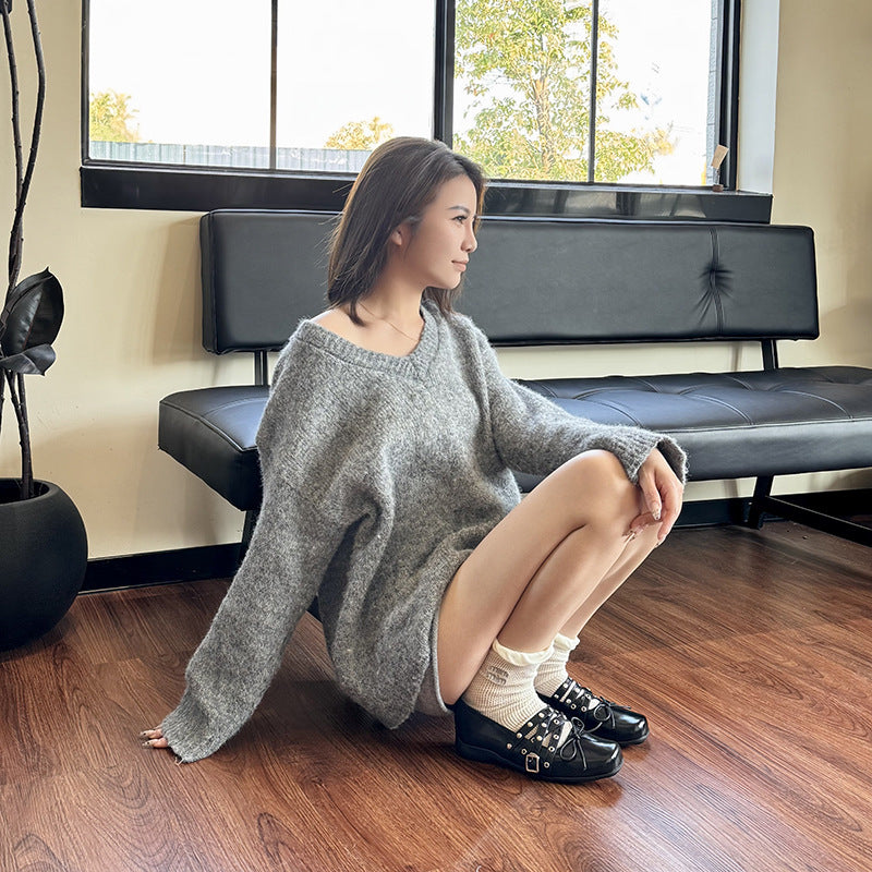 Dame Trendy Kvadrat Tå Slip-On Ballerinas med dekorativt Krydsrem Design Stilla
