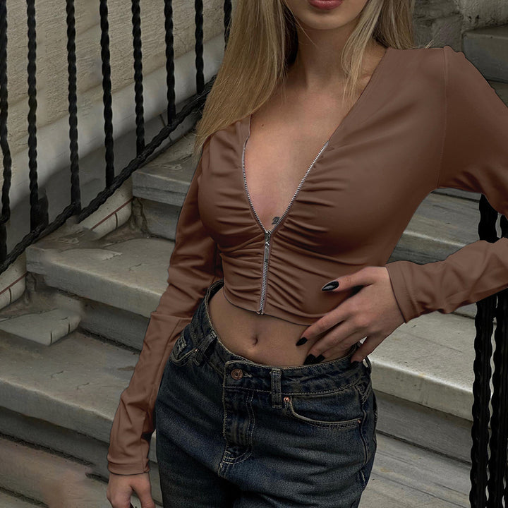 Femme Cropped Zip-Up Langærmet Top med Rynkning Stilla