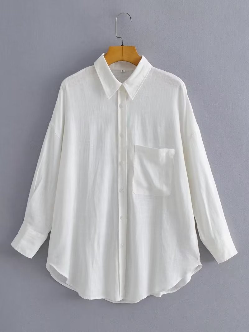 Kvinder Casual Oversized Skjorte Bluse med Brystlomme og Subtil Struktur Stilla