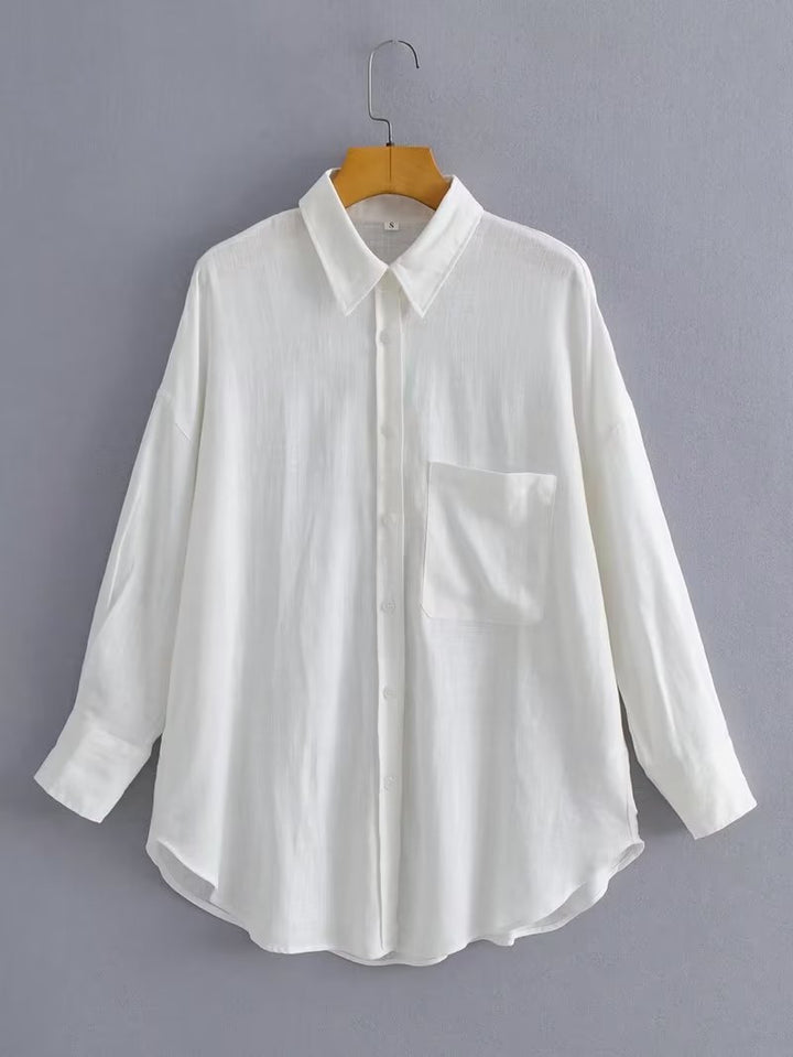 Kvinder Casual Oversized Skjorte Bluse med Brystlomme og Subtil Struktur Stilla