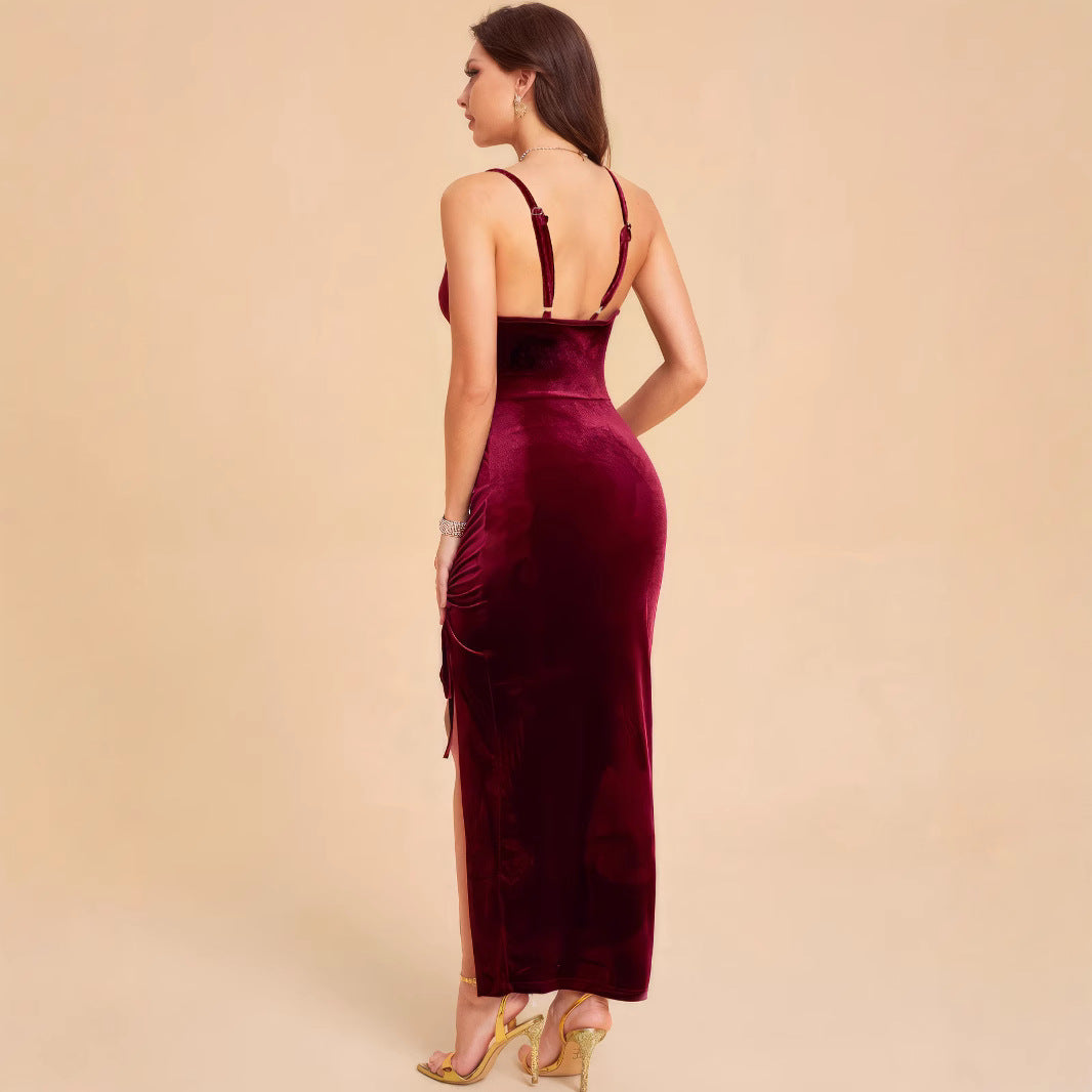 Dame Elegant Velour Maxikjole med justerbar split og raffineret drapering Stilla