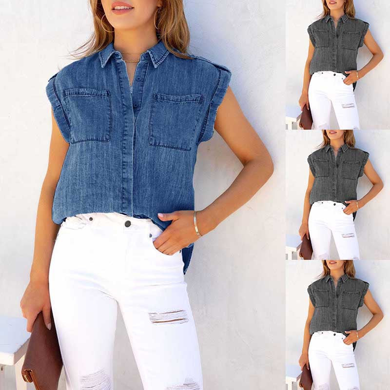 Kvinders kortærmede skjorte bluse i denim-look med brystlommer Stilla