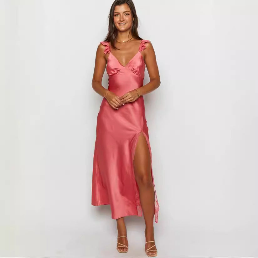 Kvinder Elegant Maxi Kjole med Blaffende Skirt og Blonde Detaljer Skovae