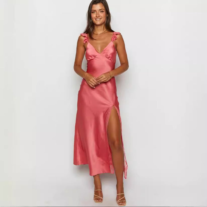 Kvinder Elegant Maxi Kjole med Blaffende Skirt og Blonde Detaljer Skovae