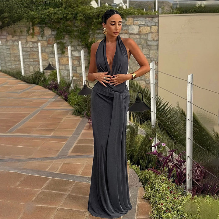Dame elegant wrap kjole med dyb V-hals og flydende snit Skovae