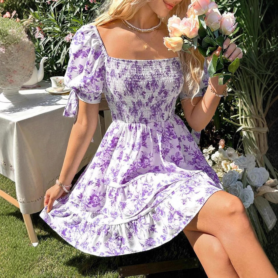 Dame blomsterprint rynket mini kjole Stilla
