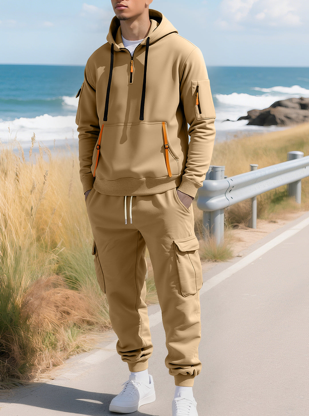 Herre casual halv-zip hoodie med kængurulomme og cargo joggerbuksen med lynlåsdetaljer Skovae