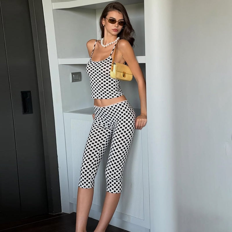 Damen modisches Polka-Dot-Outfit Set mit Crop-Top und knöchellangen Leggings Skovae
