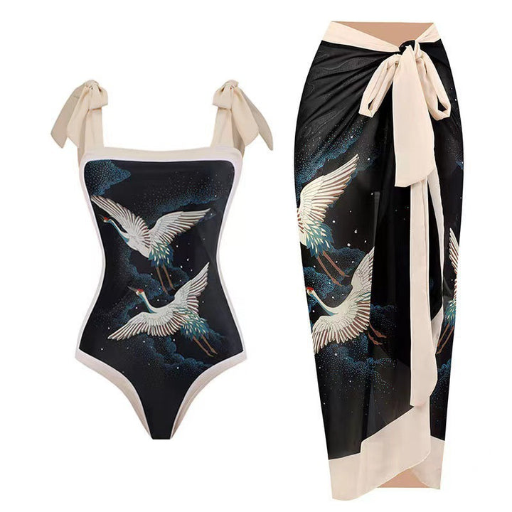 Dame Én-delt Badedragt med stilfuld Wrap Skirt og moderigtigt mønster Skovae