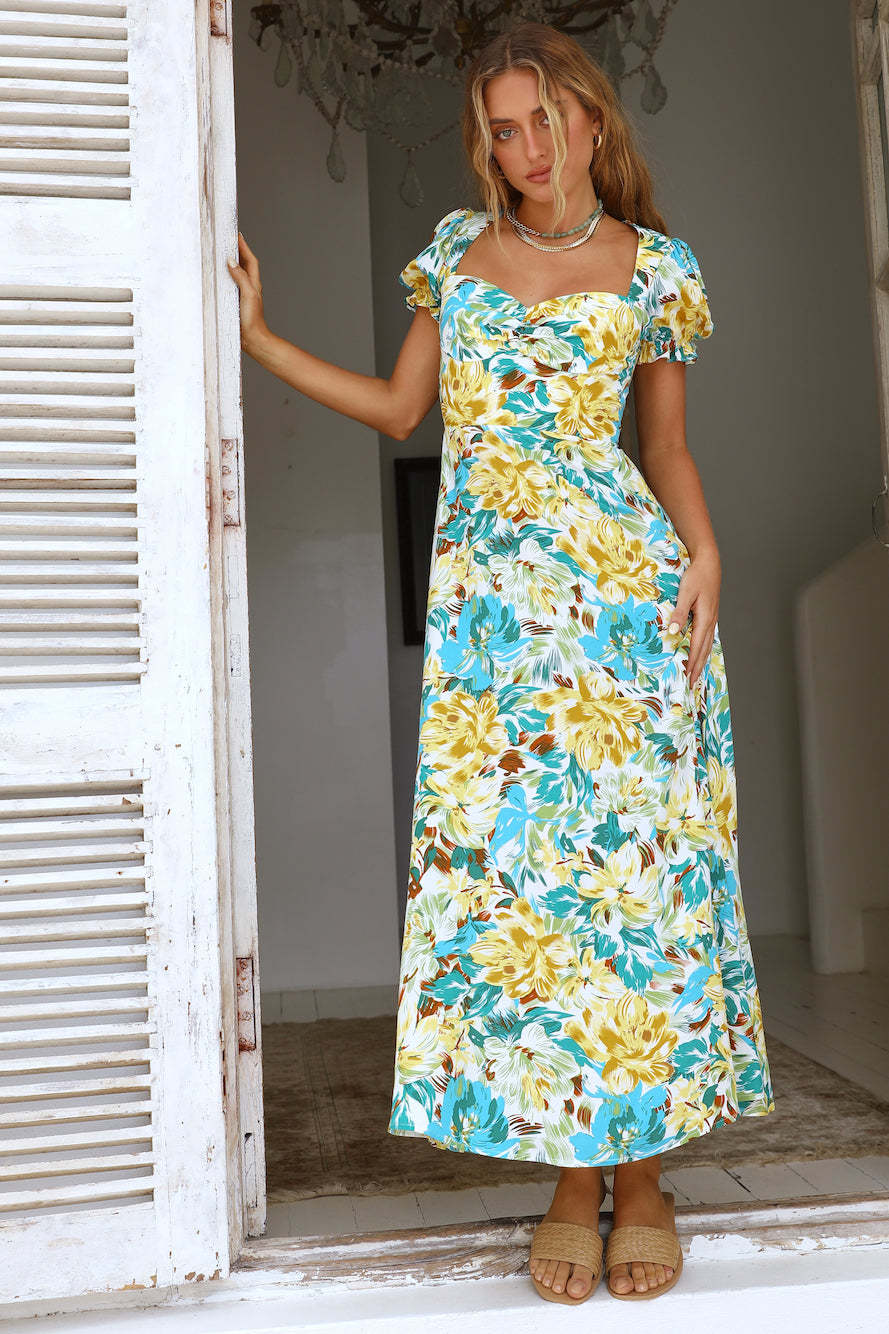 Dame Floral Print Maxi Kjole med Puffærmer og tætsiddende snit Stilla