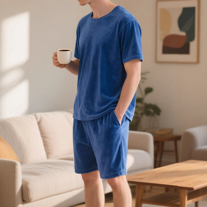 Herren nan Samtvelours Lounge-Sæt med Rundhals-Kortærmet T-shirt og Snorshorts Skovae