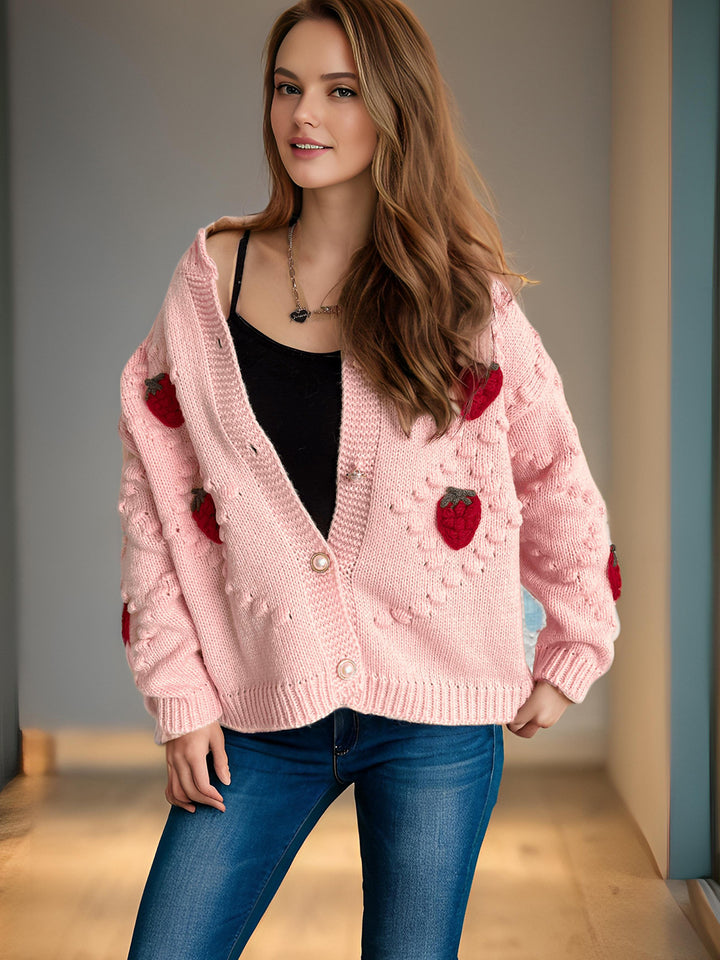 Kvindernes cardigan med leg spæde jordbær broderi og knaplukning Stilla