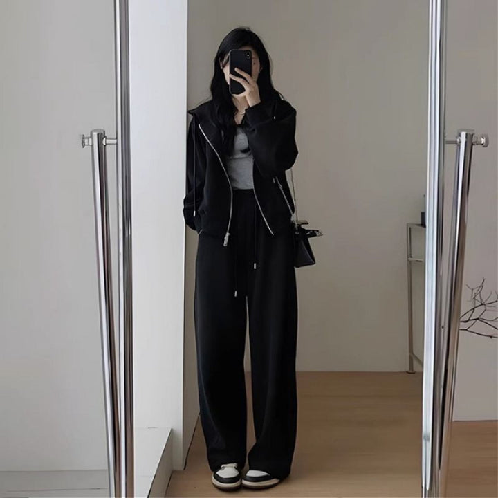 Kvinders Oversized Fritids Hoodie Sæt med Dyb Udsnit og Casual Bukser Skovae
