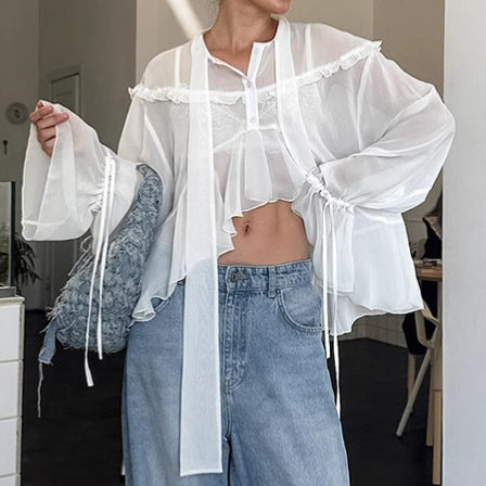 Damer Gennemsigtig Bluse med Rynkedetaljer og Casual Snit Stilla