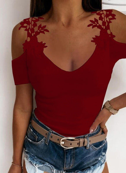 Dame Cold Shoulder Blomster Dekoreret V-Udskæring Top Stilla