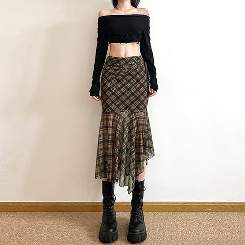 Dame asymmetrisk Maxi-nederdel med raffineret ternet mønster og gennemsigtig chiffon Stilla