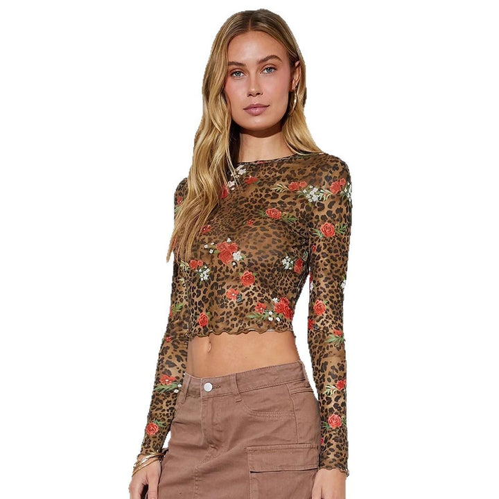 Damer nan fine Mesh-Crop-Top med leopard- og rosenprint Skovae