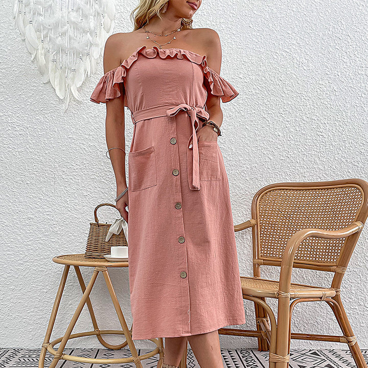 Kvinders Off-Shoulder Midi Kjole med Rynkedetaljer og Båndbelte Stilla