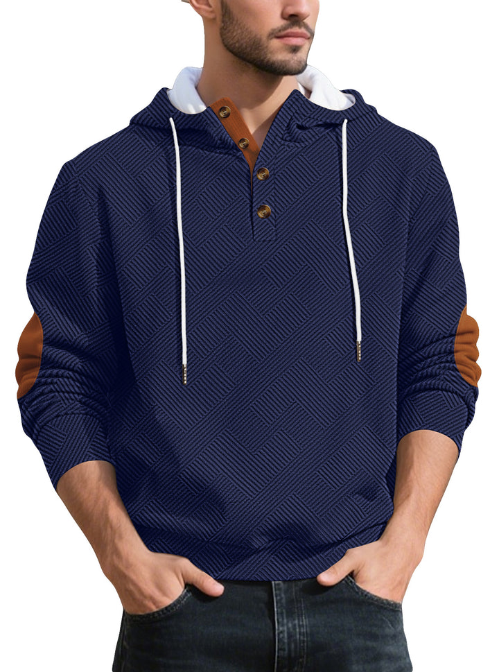 Herrer nan struktureret hætte-Henley-pullover med jacquardstruktur, knapstolpe og albuepatches Skovae