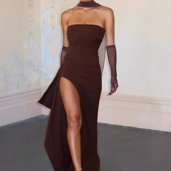 Femme Strapless Rüschen Satin Aftenkjole med Slids Stilla
