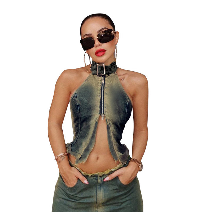 Damer moderigtigt Denim-Crop-Top med høj krave og lynlås Stilla