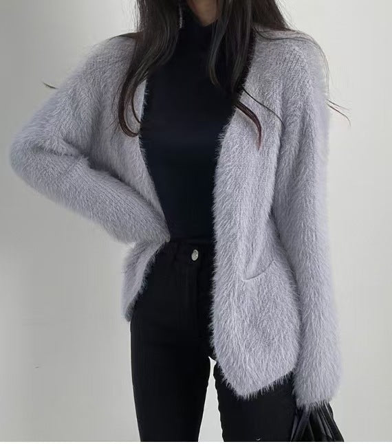 Dame Fluffy Cardigan med Åben Front og Praktiske Lommer Stilla