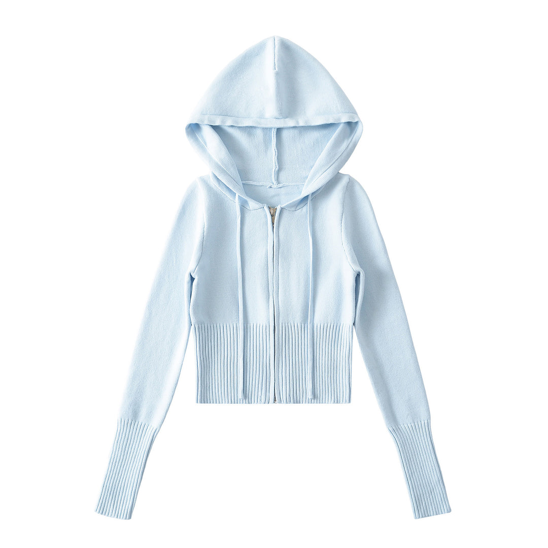 Dame Cropped Hoodie lavet af blødt strikmateriale med lynlås og hætte Stilla