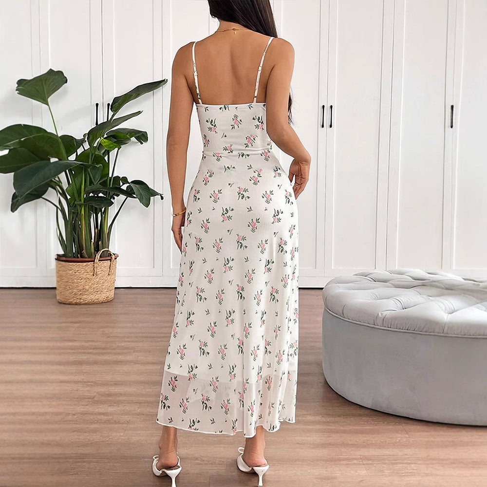 Dame maxikjole med fine spaghetti-stropper og blomsterprint Skovae