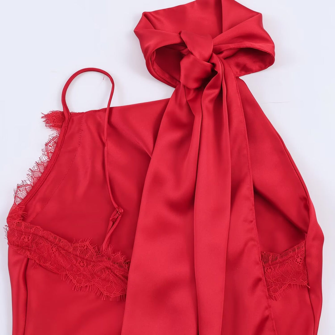 Dame elegant satin-top med asymmetrisk søm og blonde detaljer Skovae