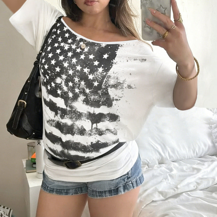 Dame afslappet T-shirt med kreativt stjerne-flag design Skovae