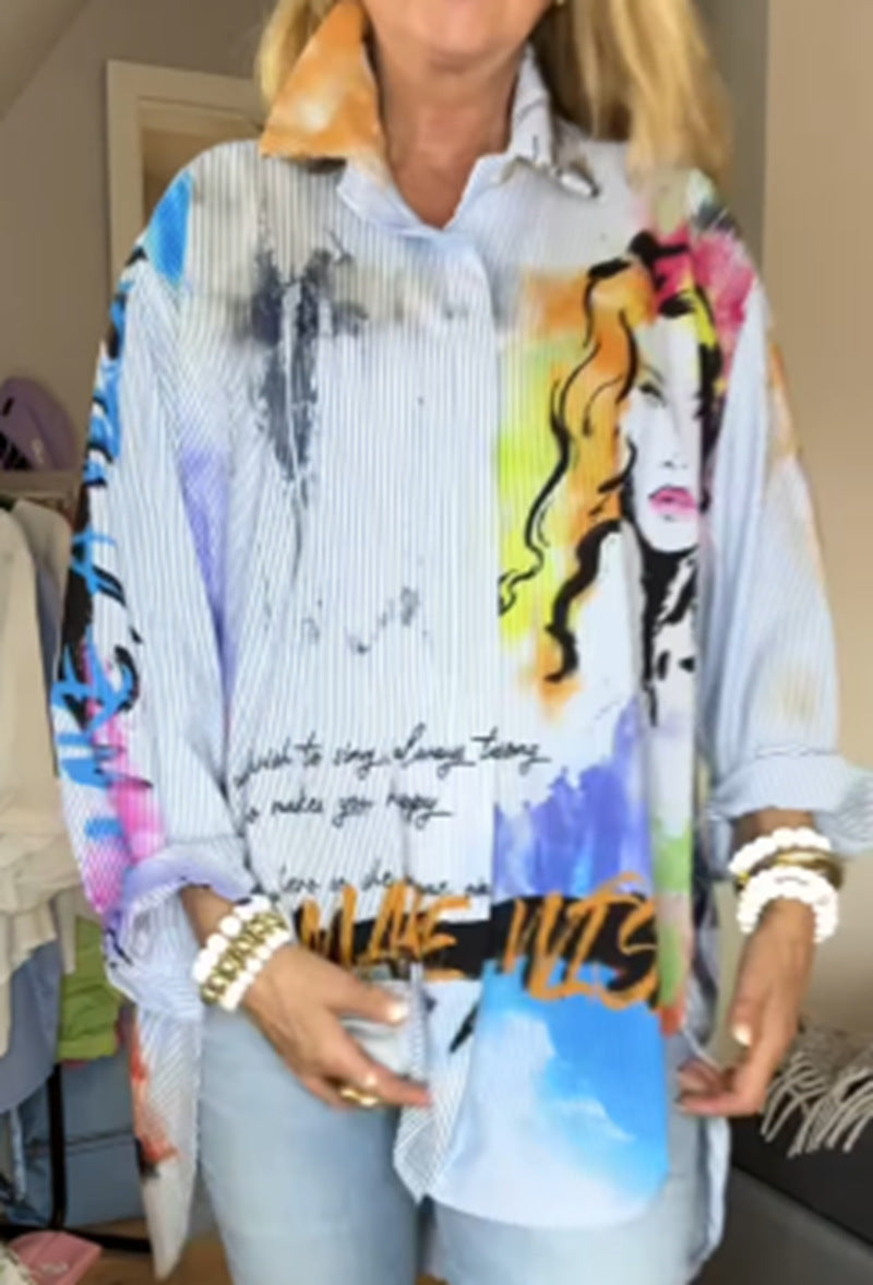 Kvinders kunstnerisk designet oversized bluse med unikt grafisk design Stilla