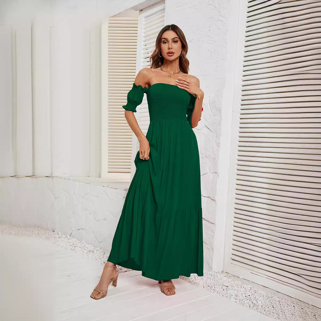 Dame Maxikjole med off-shoulder snit og romantiske puffærmer Stilla