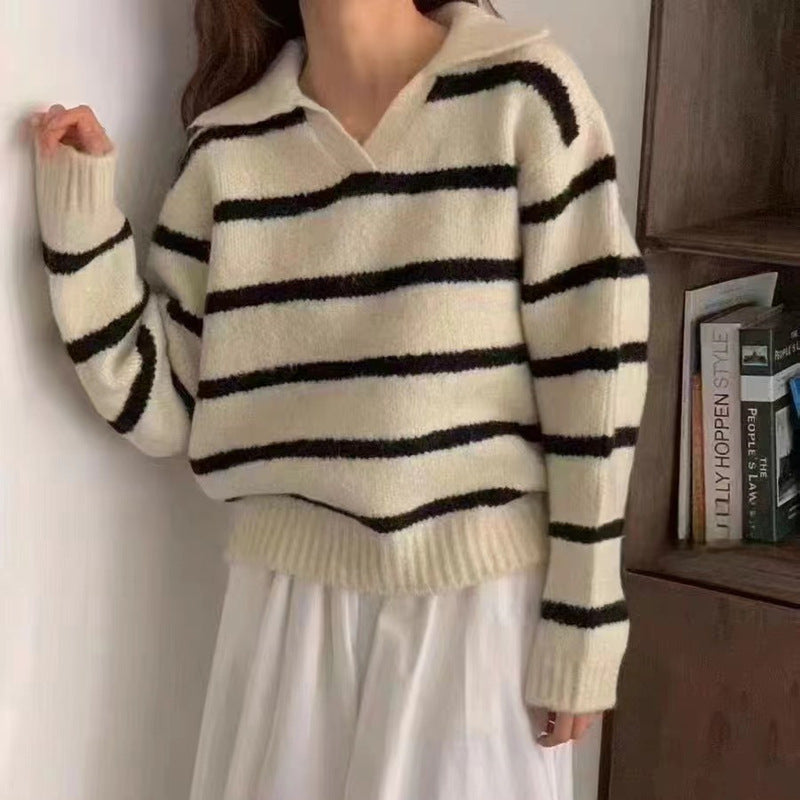 Kvinder Elegant Sweater med Stribet Mønster og Krave Stilla