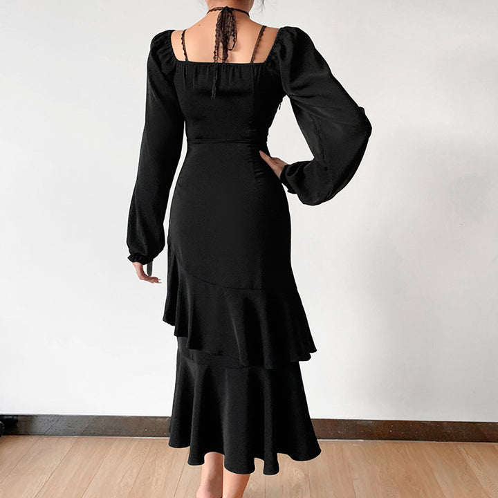 Dame Elegant skåret aftenkjole med ruffles detaljer og dyb slids Stilla