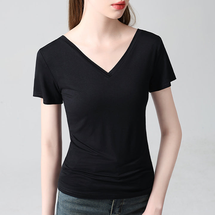 Dame elegant V-hals T-shirt lavet af høj kvalitet bomuldsblanding med figursyet pasform Stilla