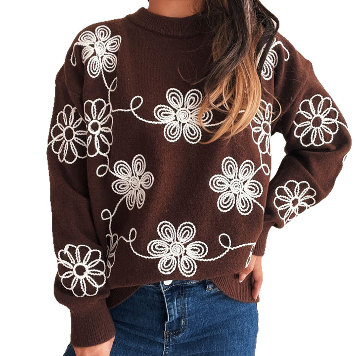 Kvindernes hyggelige strikket sweater med blomster mønster og høj krave Stilla
