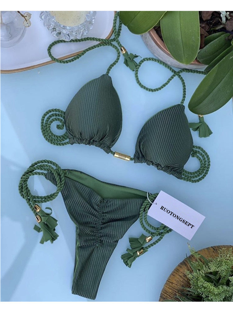 Dame triangel-bikini med moderne leopardmønster og dekorative frynser Skovae