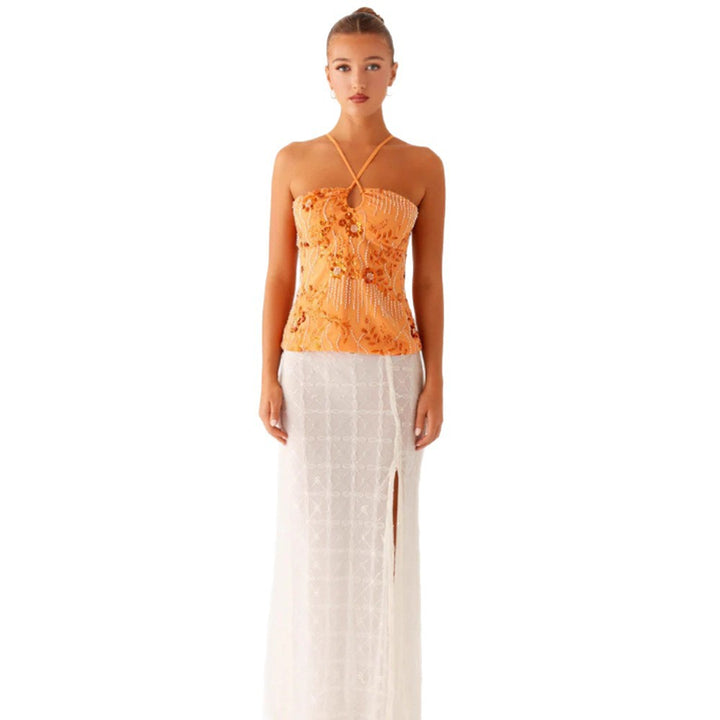Kvinder Glitrende Bustier Top med Blomsterdesign og Funklende Applikationer