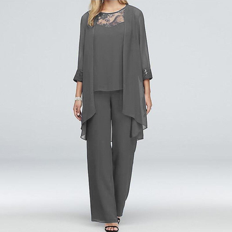 Dame nan flydende chiffon aftenensemble med spidsbesætning, kimono cardigan og bred palazzo bukser Skovae