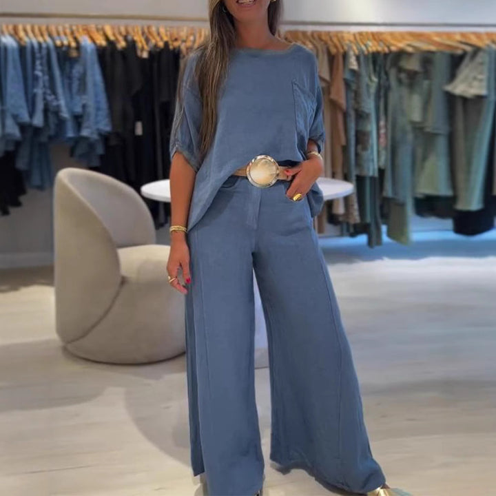 Damer i Leinenmix-sæt med boxy oversize-shirt, brystlomme og bred palazzo-bukser Skovae