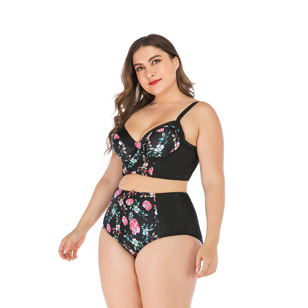 Dame højtaljede bikini-sæt med blomster top og støttende snit Skovae