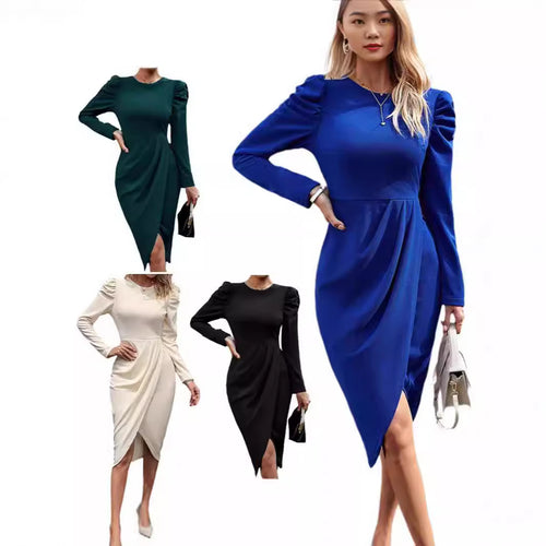 Dame elegant vinklekjole med puffærmer og asymmetrisk søm Stilla