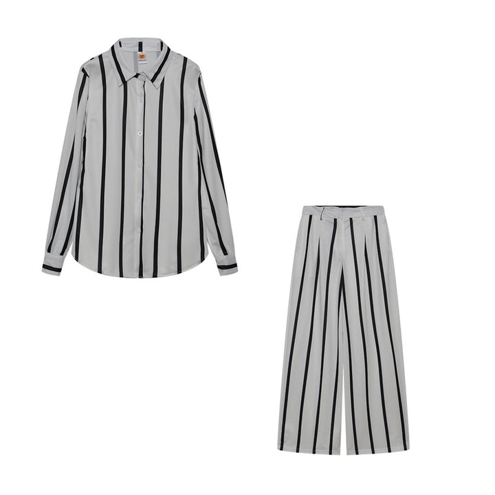 Dame stribet Button-Up Skjorte og bred Bukser Sæt Stilla