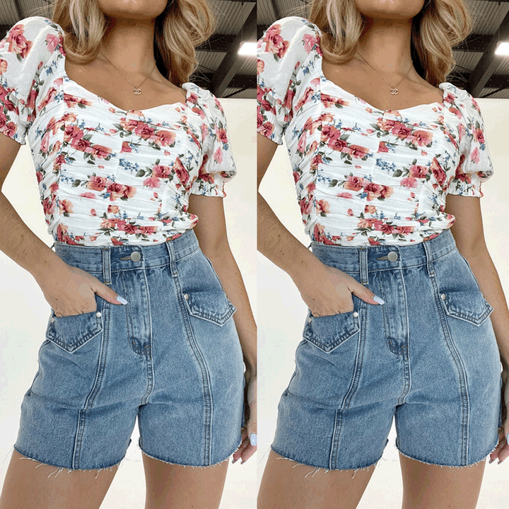 Dame kortjeans med højt talje og dekorativt blomsterdesign Stilla