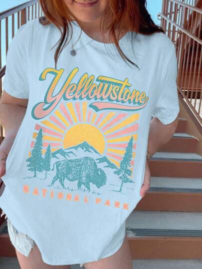 Dame Vintage T-shirt med nationalpark-inspireret grafikdesign Stilla