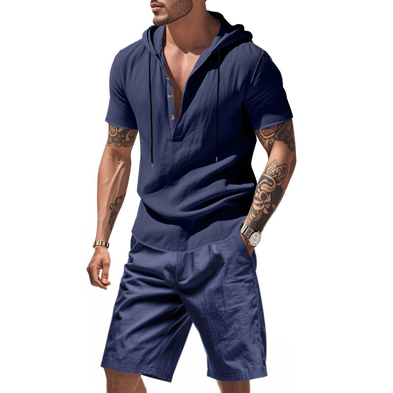 Herre afslappet hoodie-shorts sæt med moderigtig Henley-udskæring og åndbare egenskaber Stilla