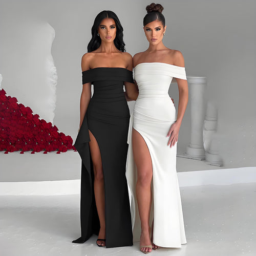 Dame Off-Shoulder Maxikjole med elegant slids og figursyet snit Skovae