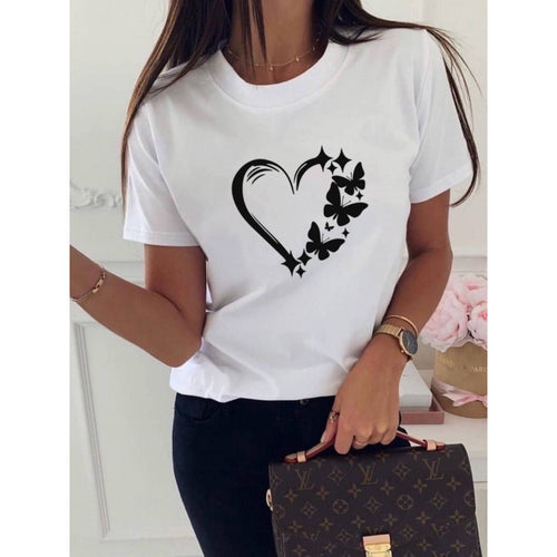 Dame T-shirt med kunstnerisk sommerfugl- og hjertemotiv Stilla