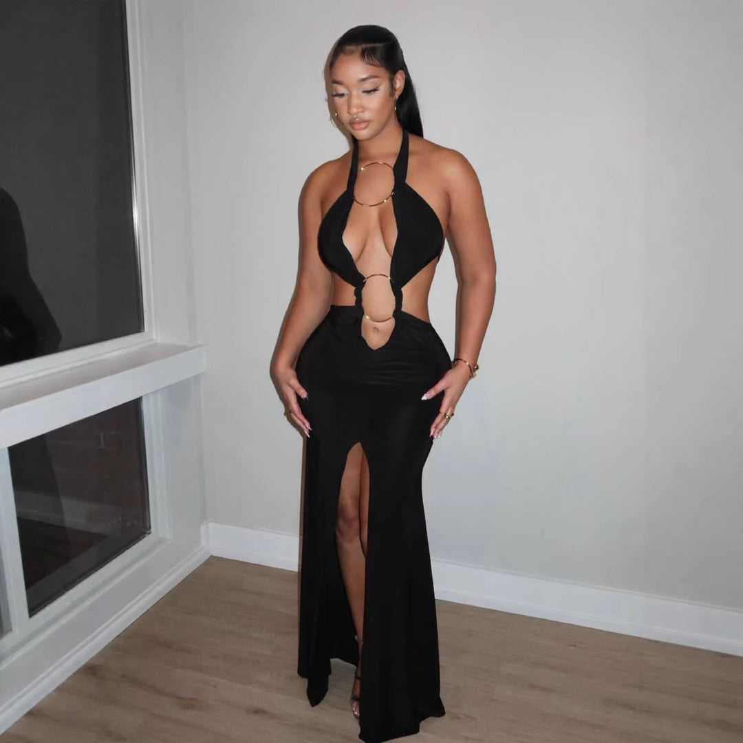 Ladies excitierende maxi kjole med dyb V-hals og elegante samlingselementer